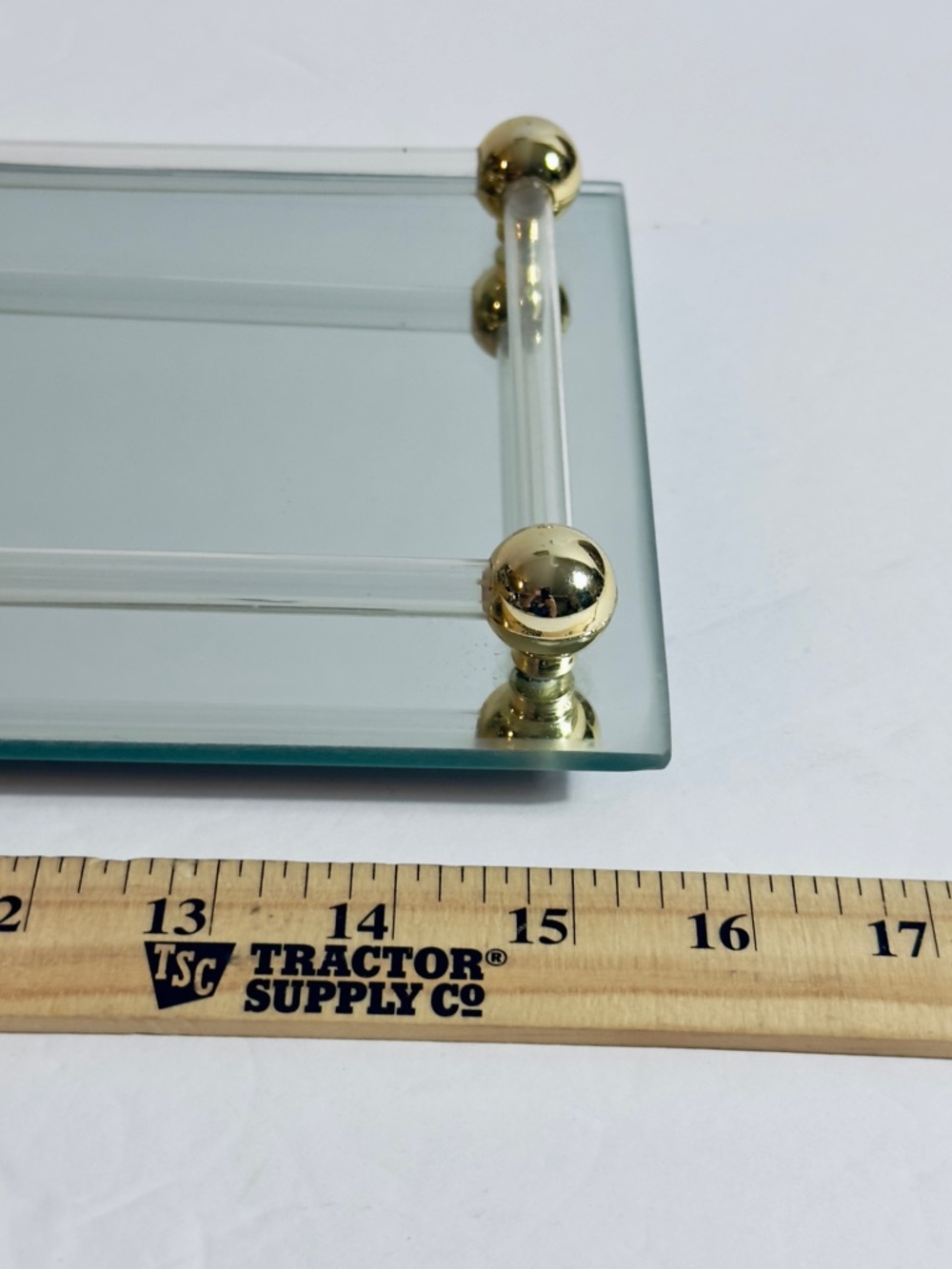 Vintage vanity dresser tray, mirrored base,‎ plastic tube railing brass accents. - Picture 3 of 6